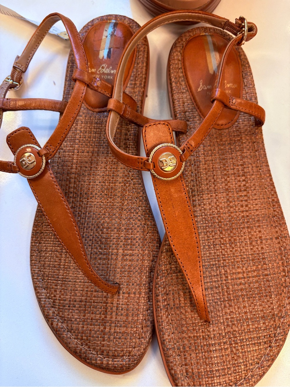 Sam Edelman Tan Leather T-Strap Sandals with Gold Accent
